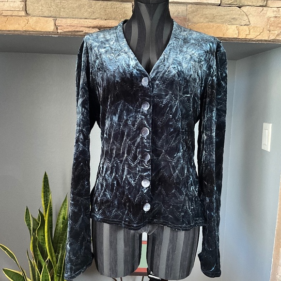 VTG Whimsigoth Stretch Blue Velvet Textured Jacket Art to Wear Bruno Duluc L - Picture 2 of 9